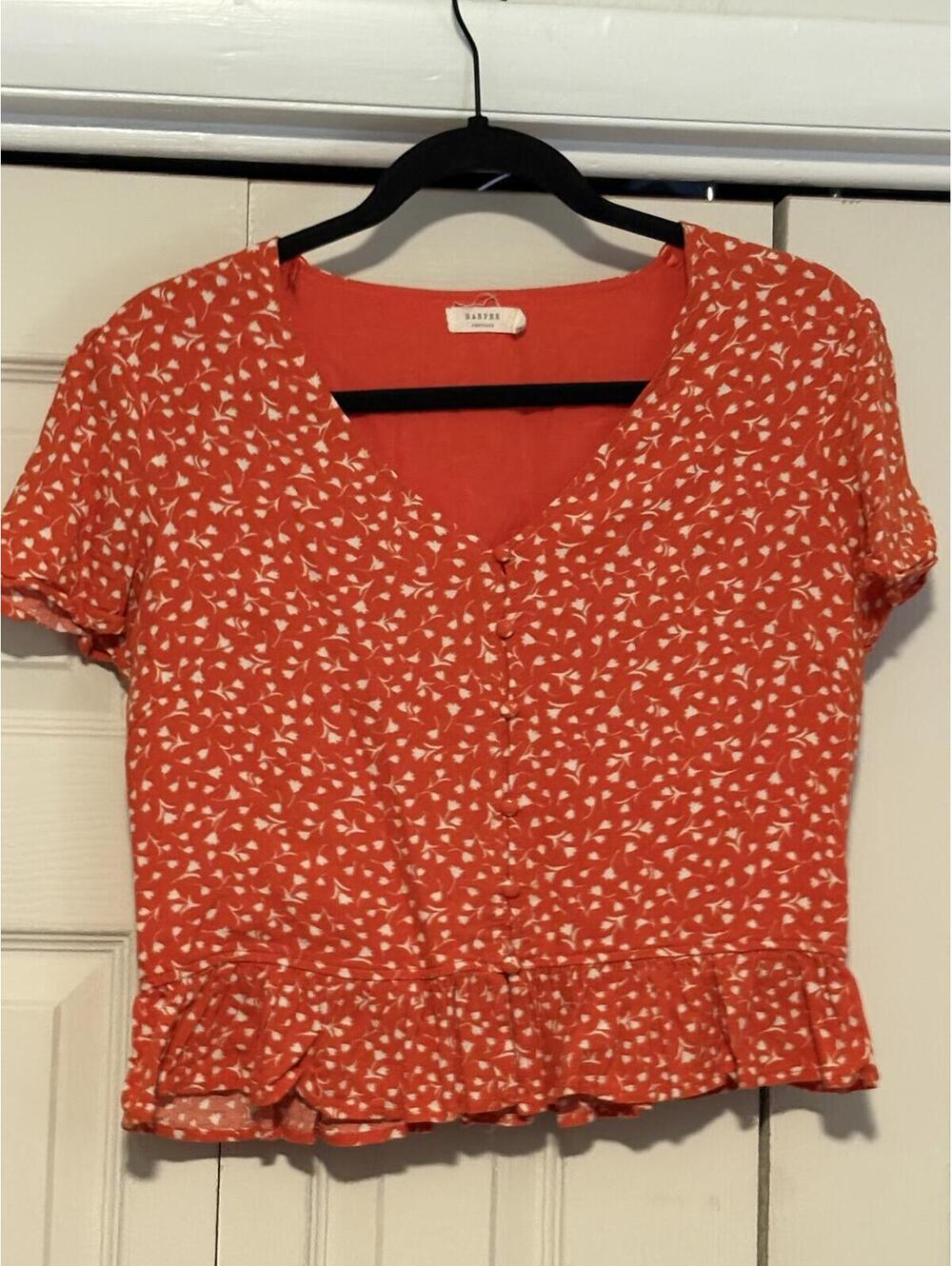 Harper Heritage Floral Peplum Top XS Coral Ditsy Button Front Cottagecore